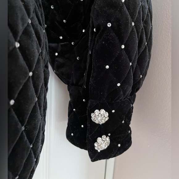 Black Quilted Velvet Rhinestone Studded Jacket - Picture 6 of 8